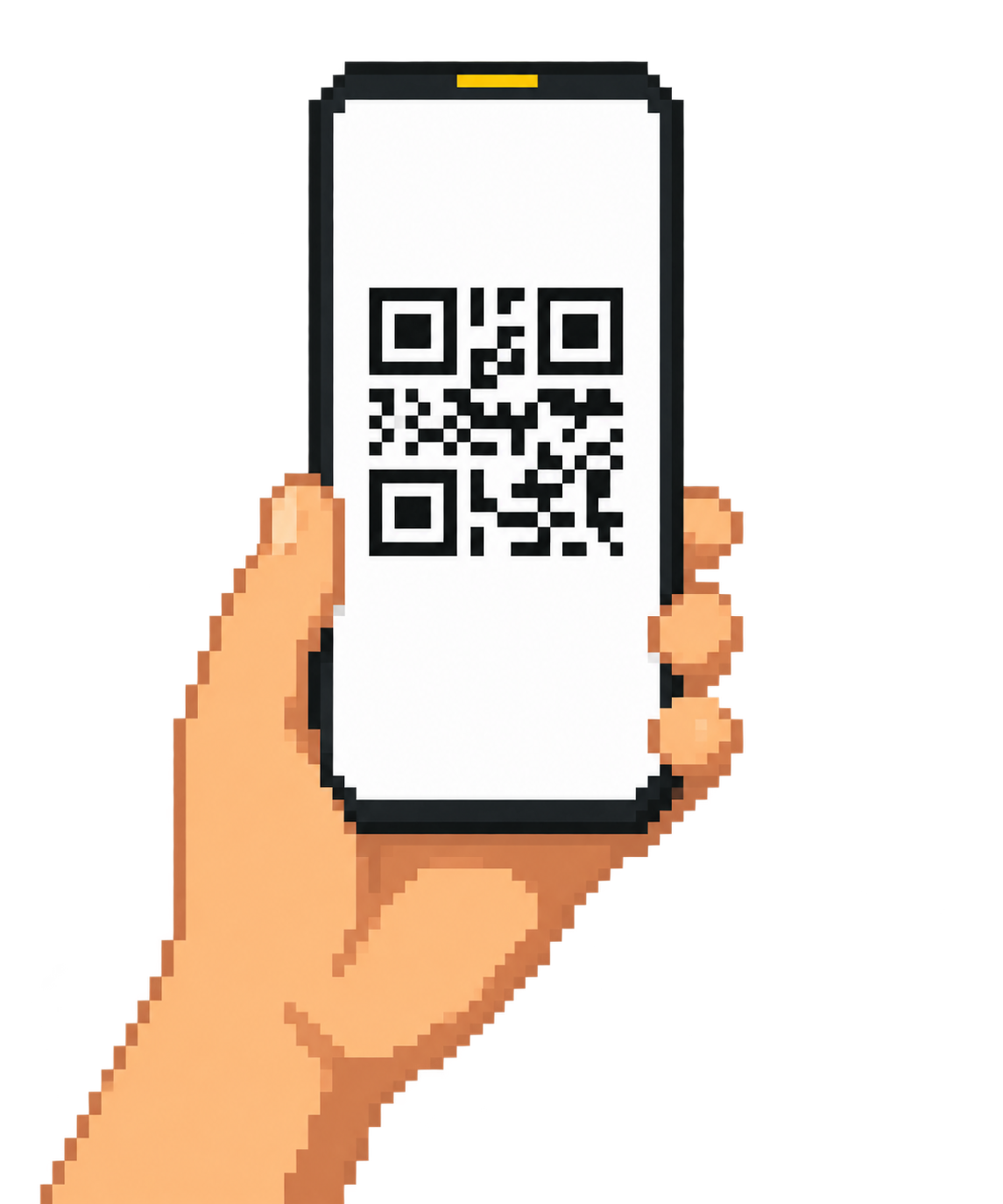 A hand holding a phone with a QR code