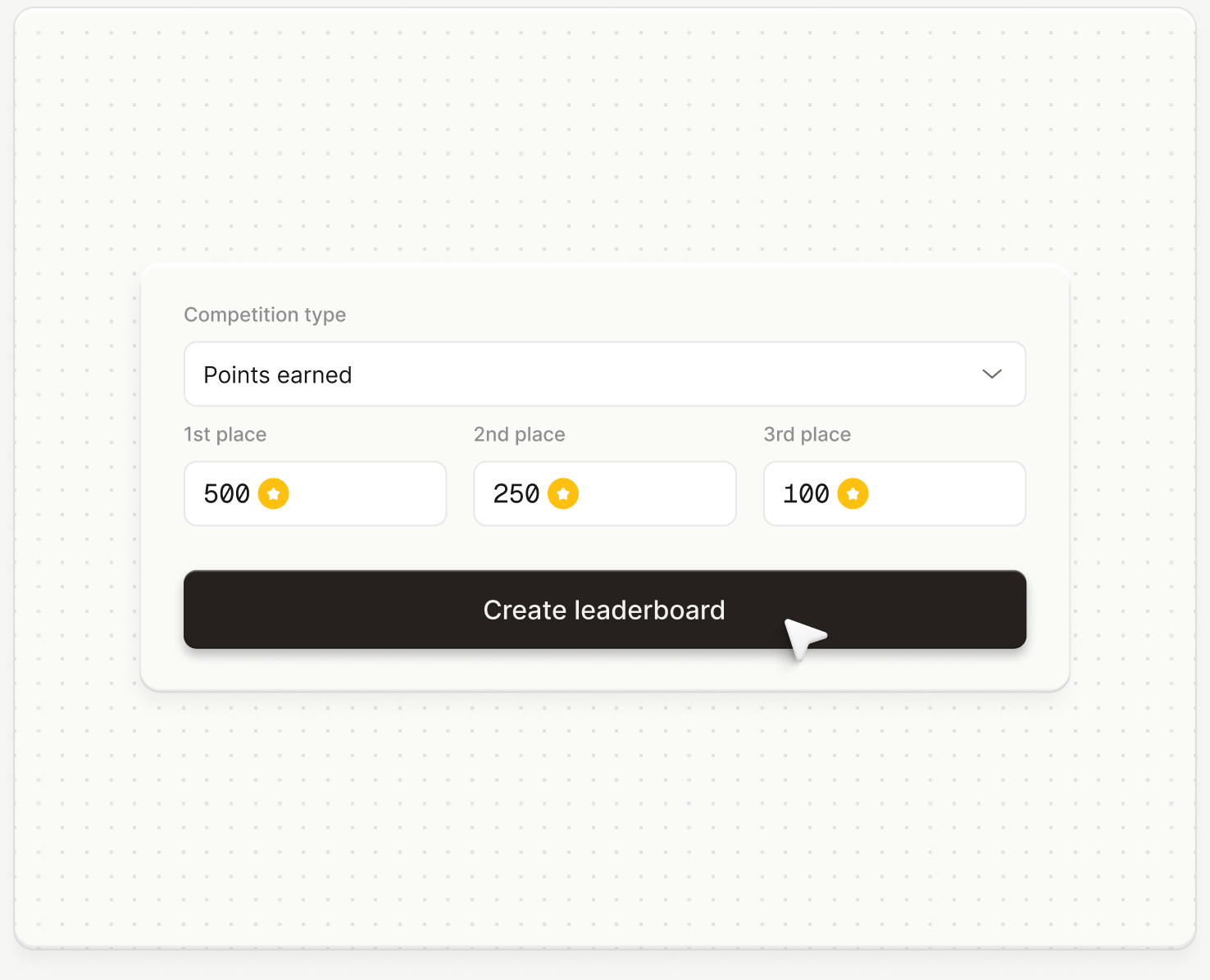 Revio leaderboard setup with points earned selected as the competition type and prizes for the top three places