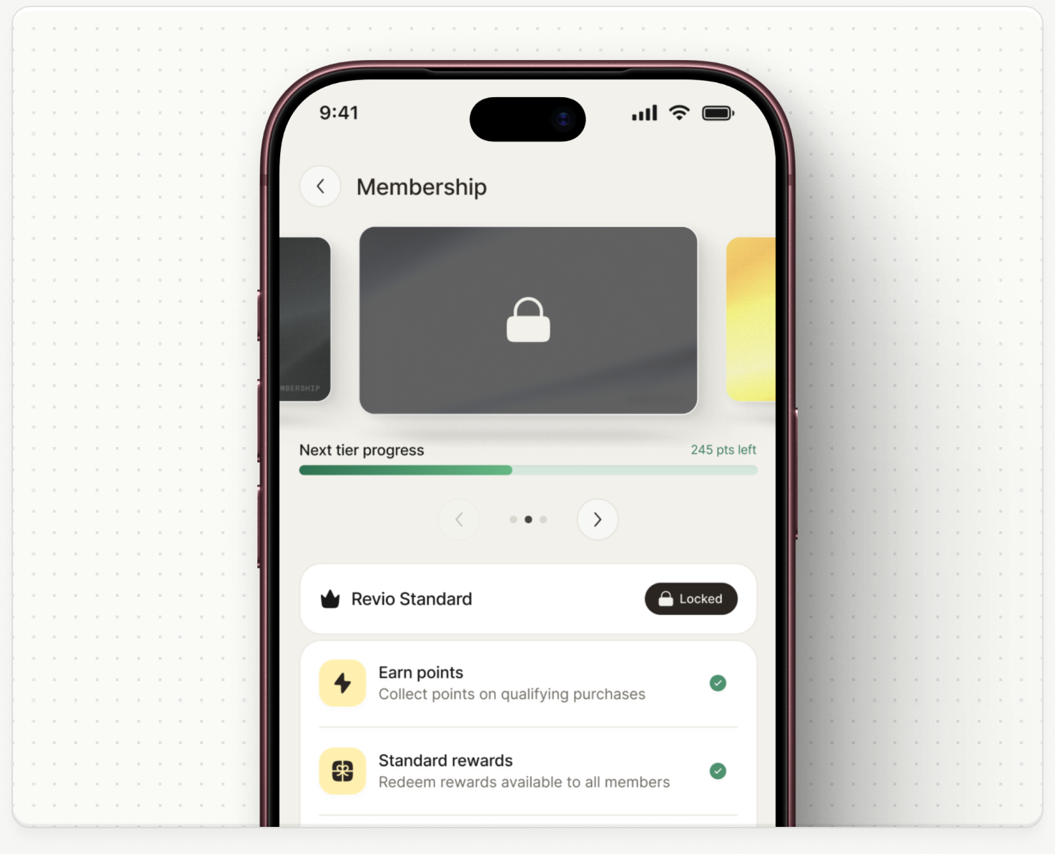 Revio mobile membership screen showing tier progress, earning options, and member rewards