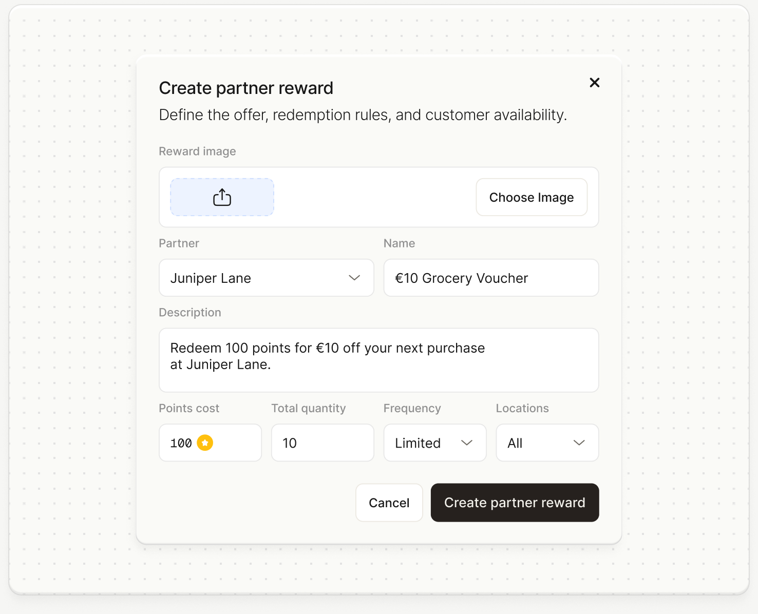 Revio form for creating a partner-funded reward with cost, quantity, frequency, and availability controls