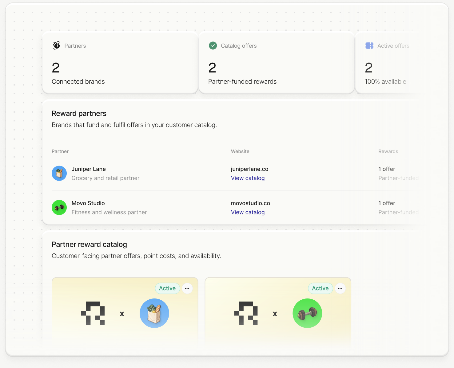 Revio partner rewards dashboard showing connected partners, active offers, and the customer catalog