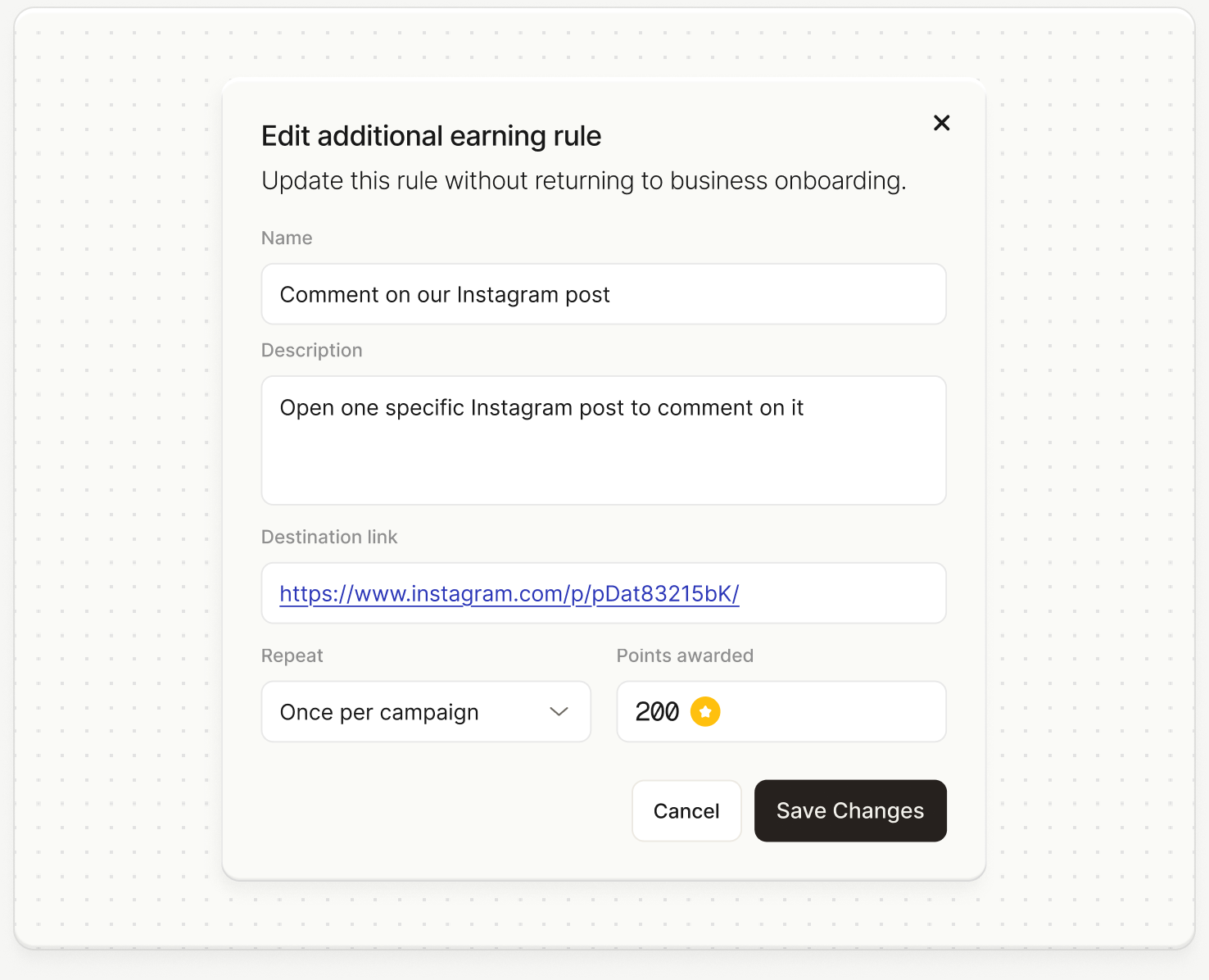 Revio earning rule editor for an Instagram engagement action