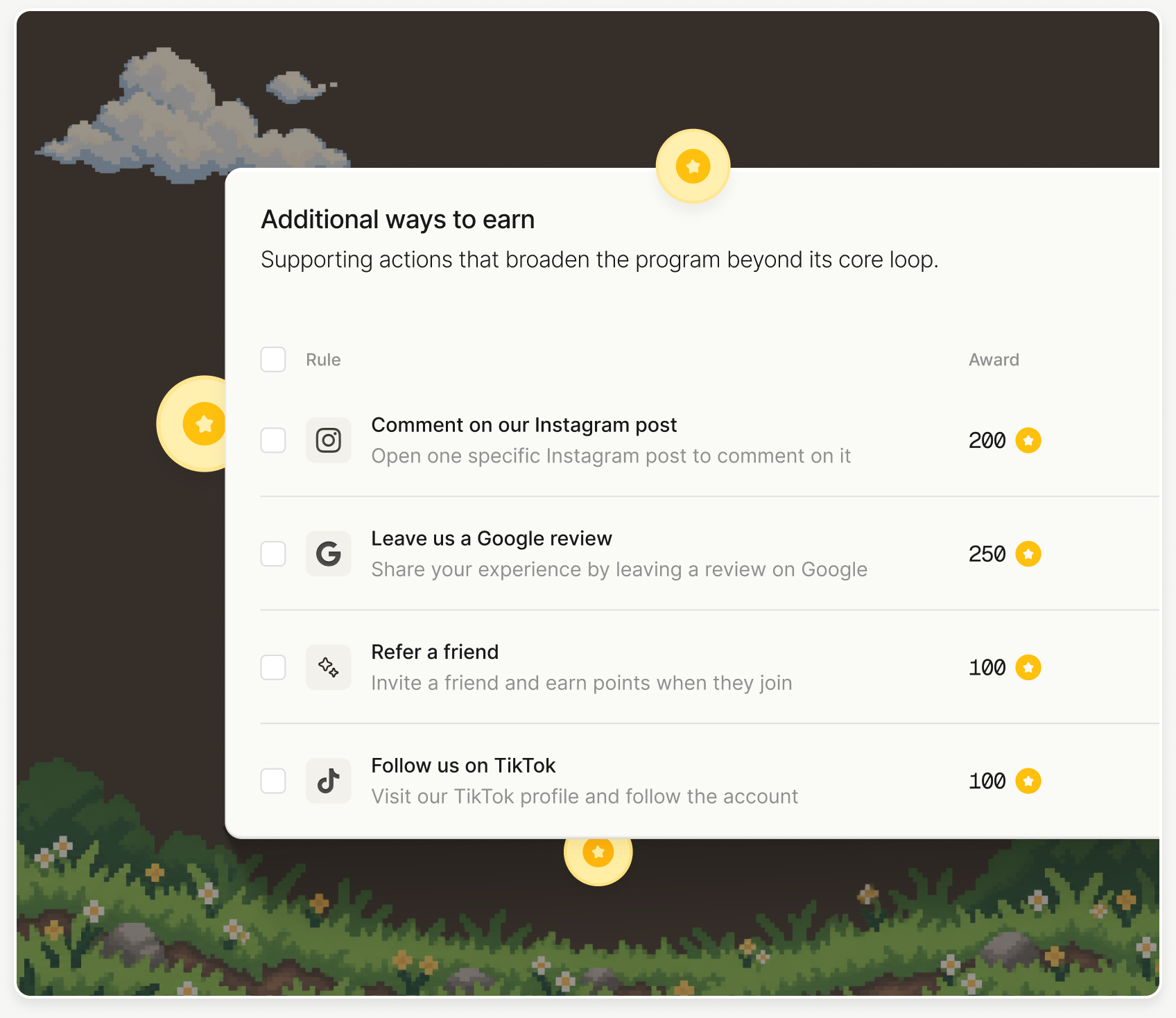Revio points dashboard showing configurable earning rules for reviews, referrals, and social engagement