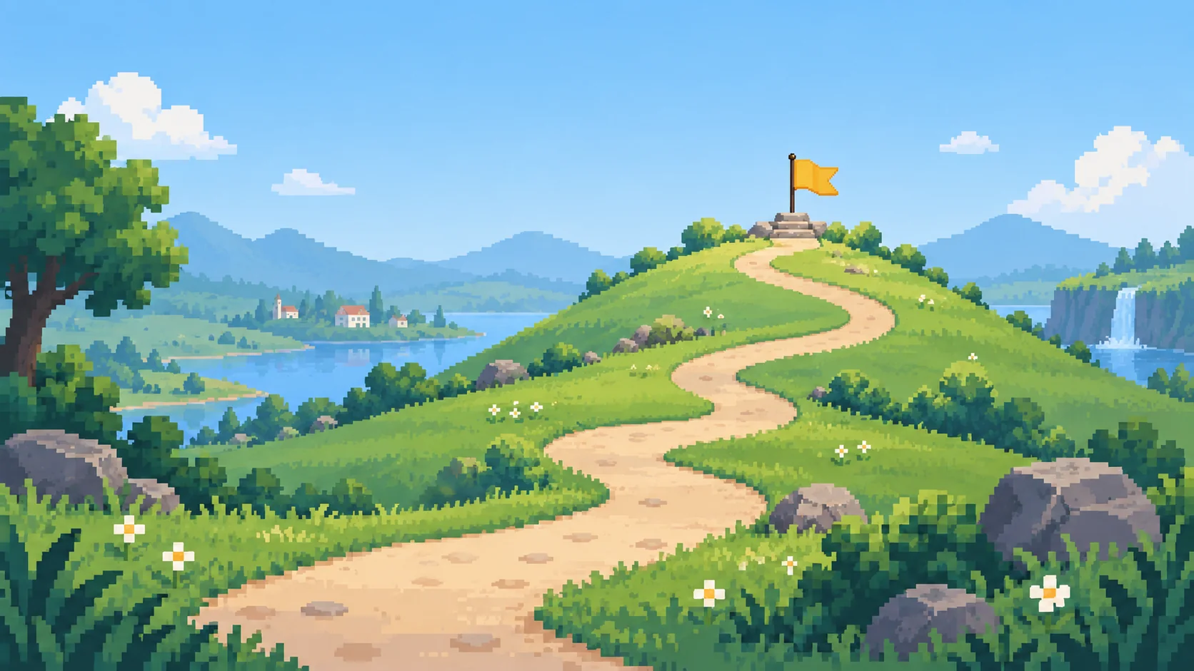A path leading toward a flag through a bright landscape