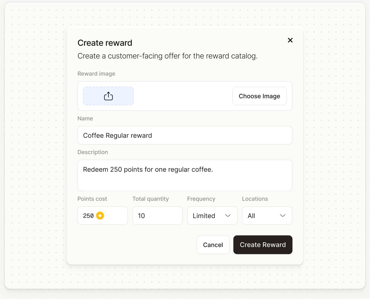 Revio reward creation form with cost, quantity, frequency, and location controls