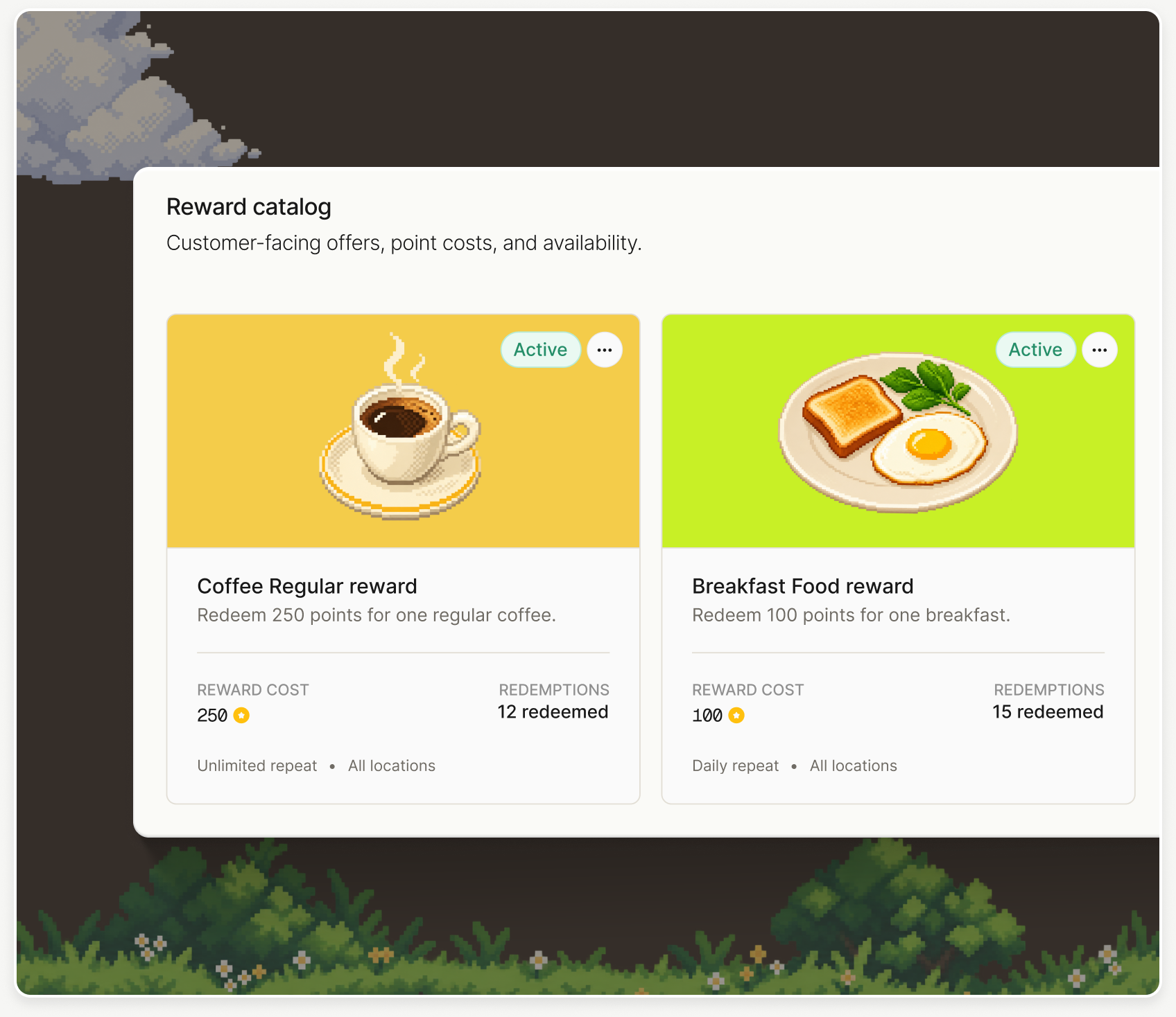 Revio reward catalog showing coffee and breakfast rewards with point costs and redemption activity