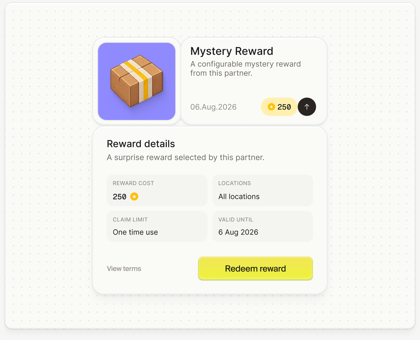 Revio customer reward details with point cost, availability, and redemption action