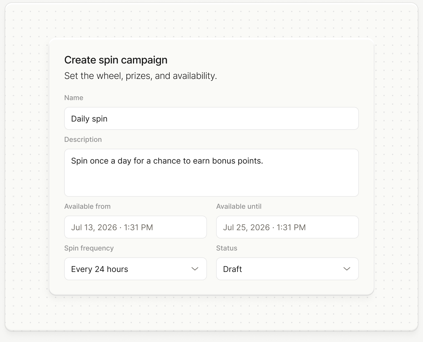 Revio Spin to Win campaign settings for dates, spin frequency, and campaign status