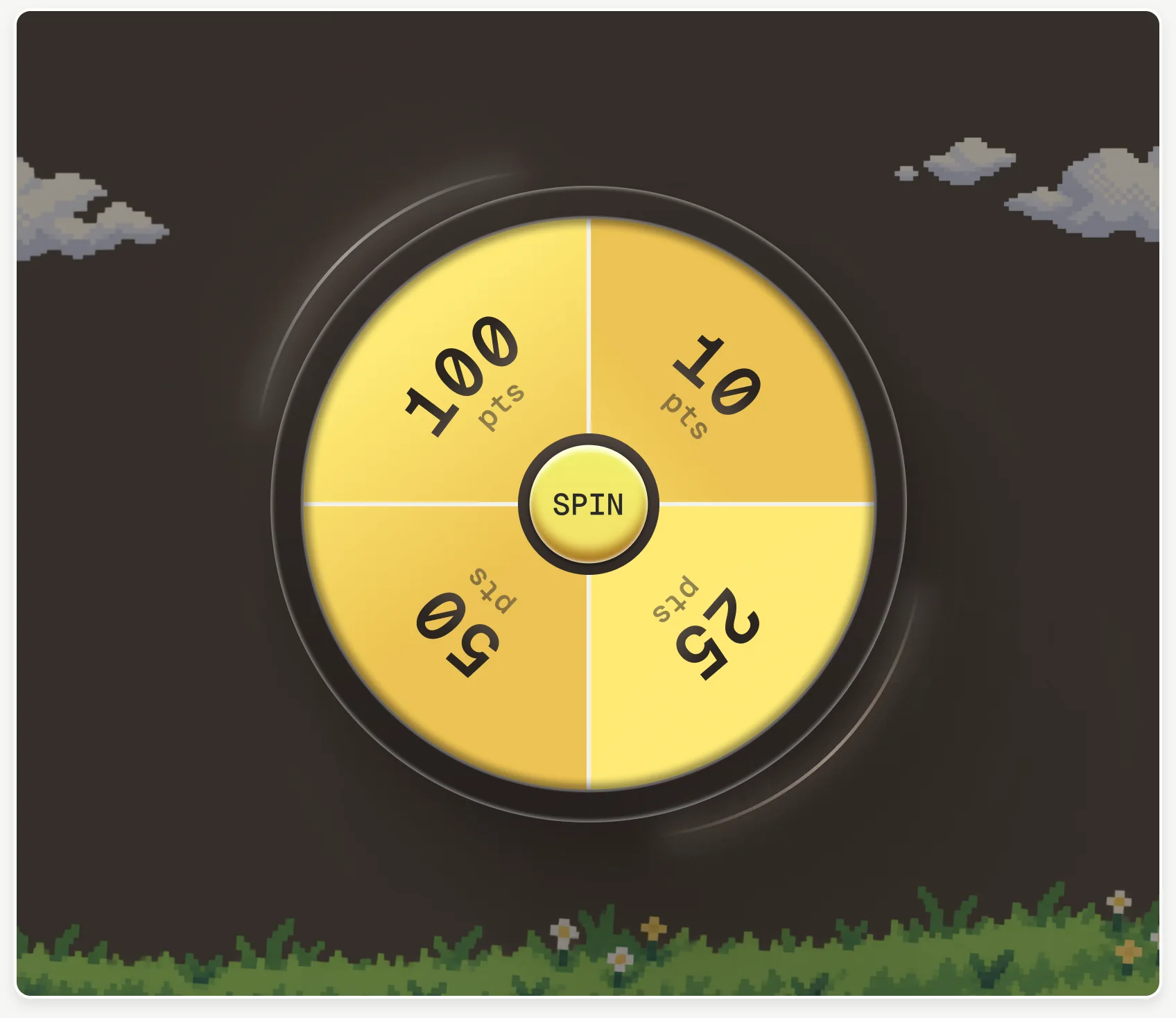 Branded Spin to Win prize wheel with point rewards in a pixel-art landscape