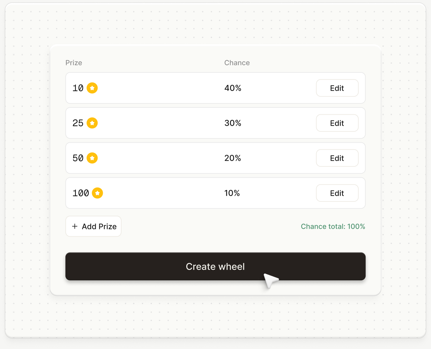 Revio prize wheel setup showing rewards and their winning chances