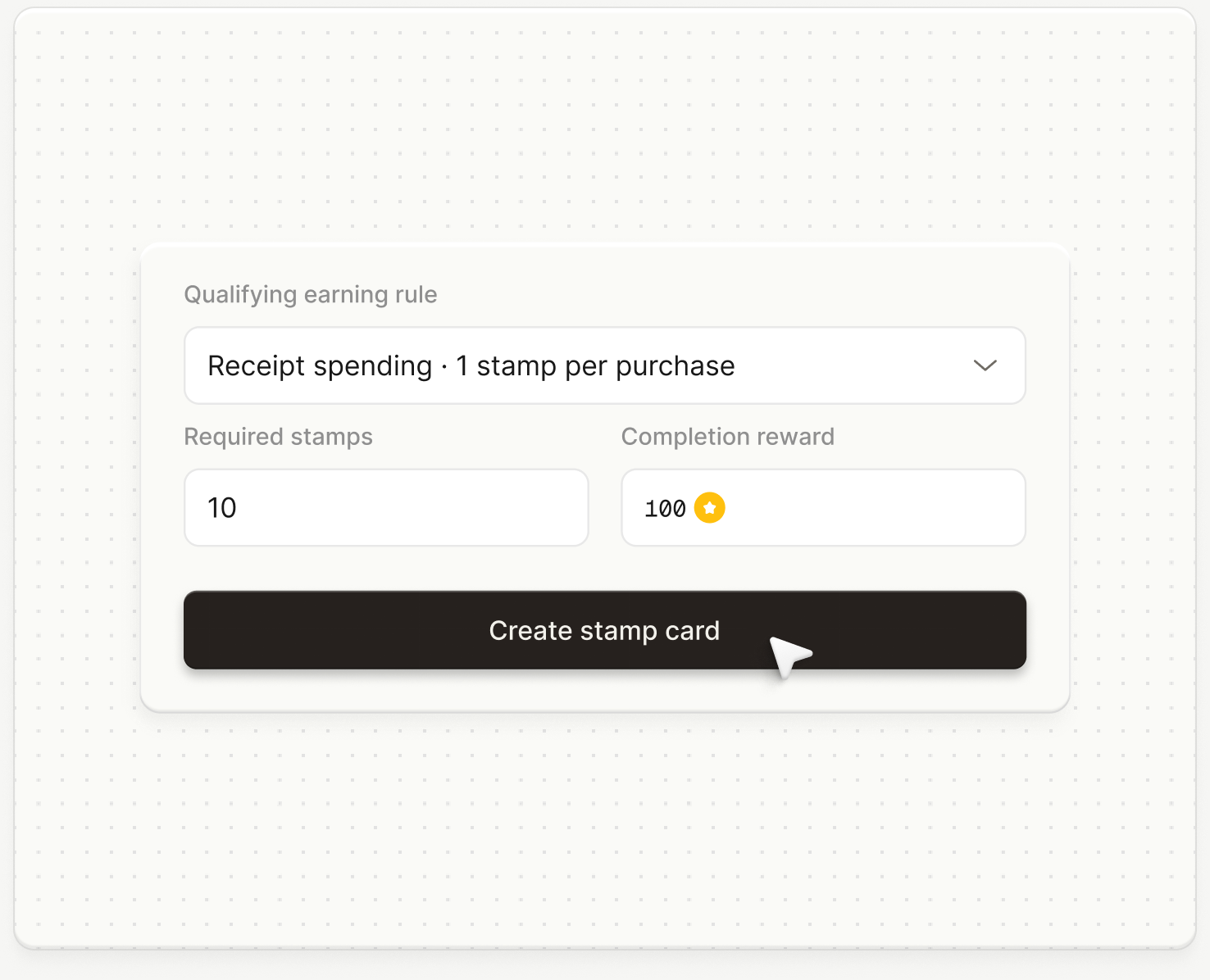 Revio stamp card setup with a qualifying rule, required stamp count, and completion reward