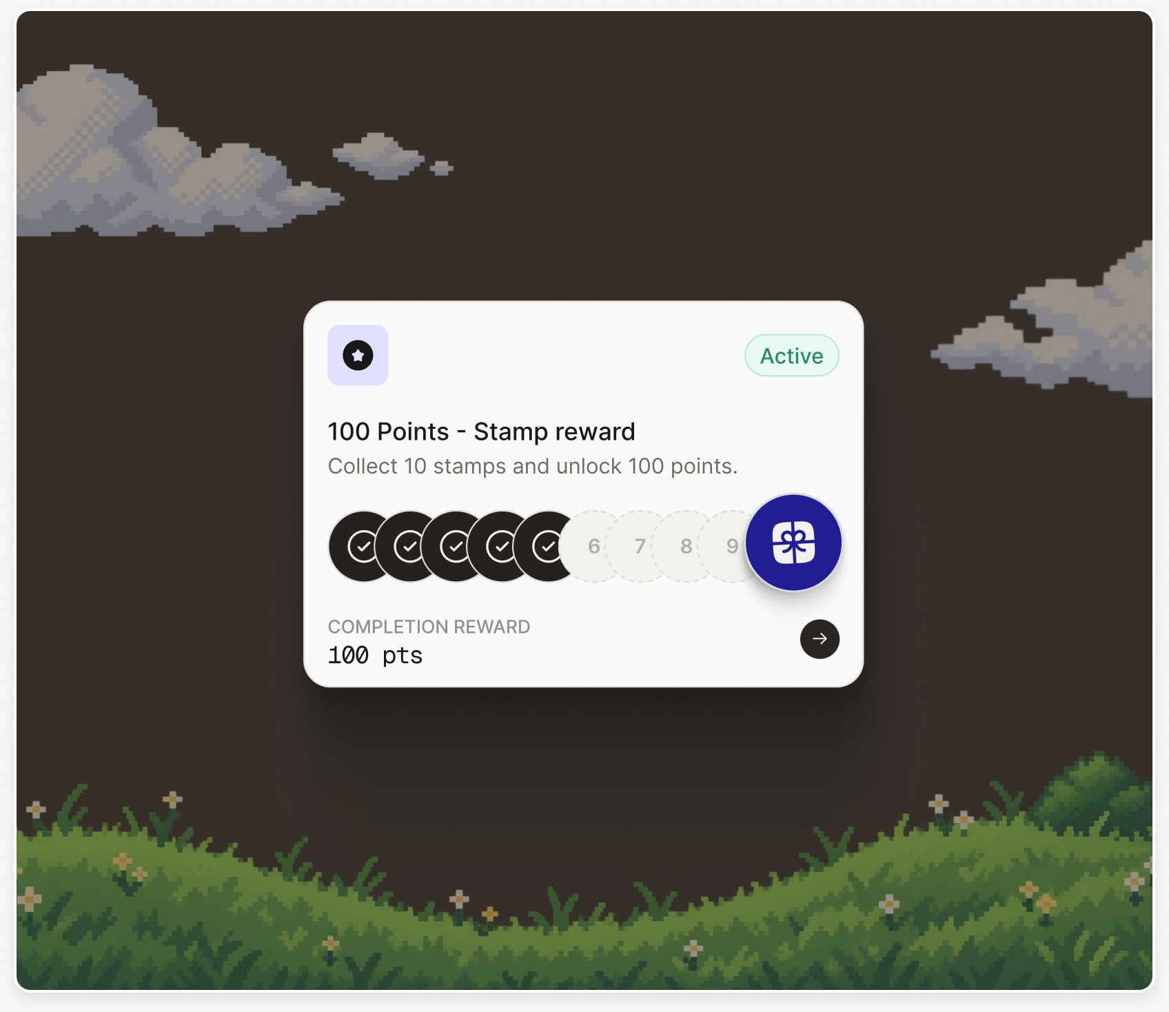 Revio digital stamp card with five completed stamps and a 100 point completion reward